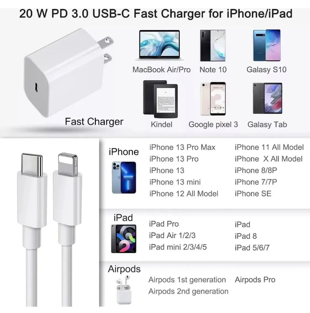 Cargador compatible Con iPhone 20 Wcarga rápida iPhone X,14,13,12,11, Xr